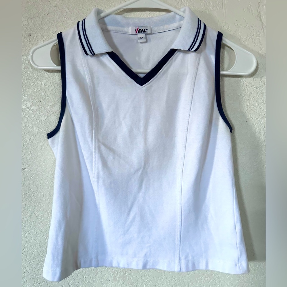 Girls' White Sleeveless Polo Top with Navy Trim